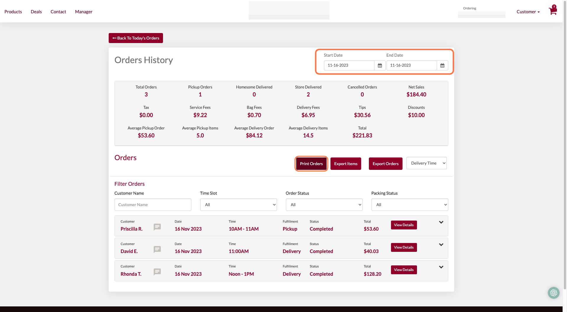 Select start and end date and then Print Orders